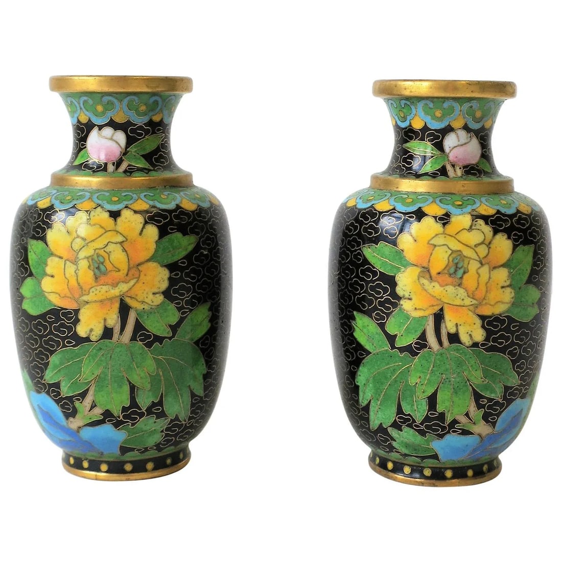 Black and Yellow Asian Cloisonne and Brass Vases - a Pair - 13
