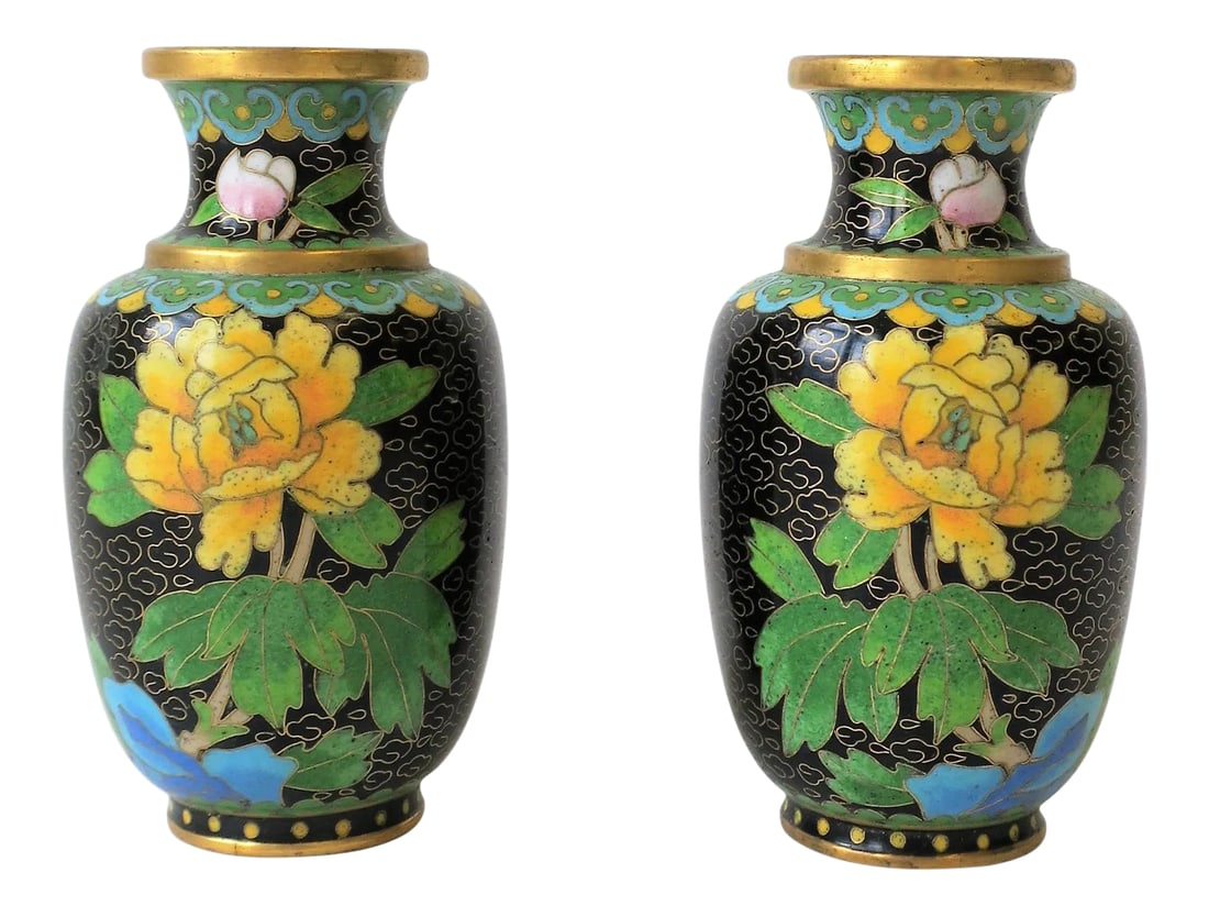 Black and Yellow Asian Cloisonne and Brass Vases - a Pair: A beautiful pair of vintage black and yellow Asian Cloisonne enamel and brass vases, circa early to mid- 20th century. Vases have a predominantly black and yellow enamel flower and leaf design. Other 