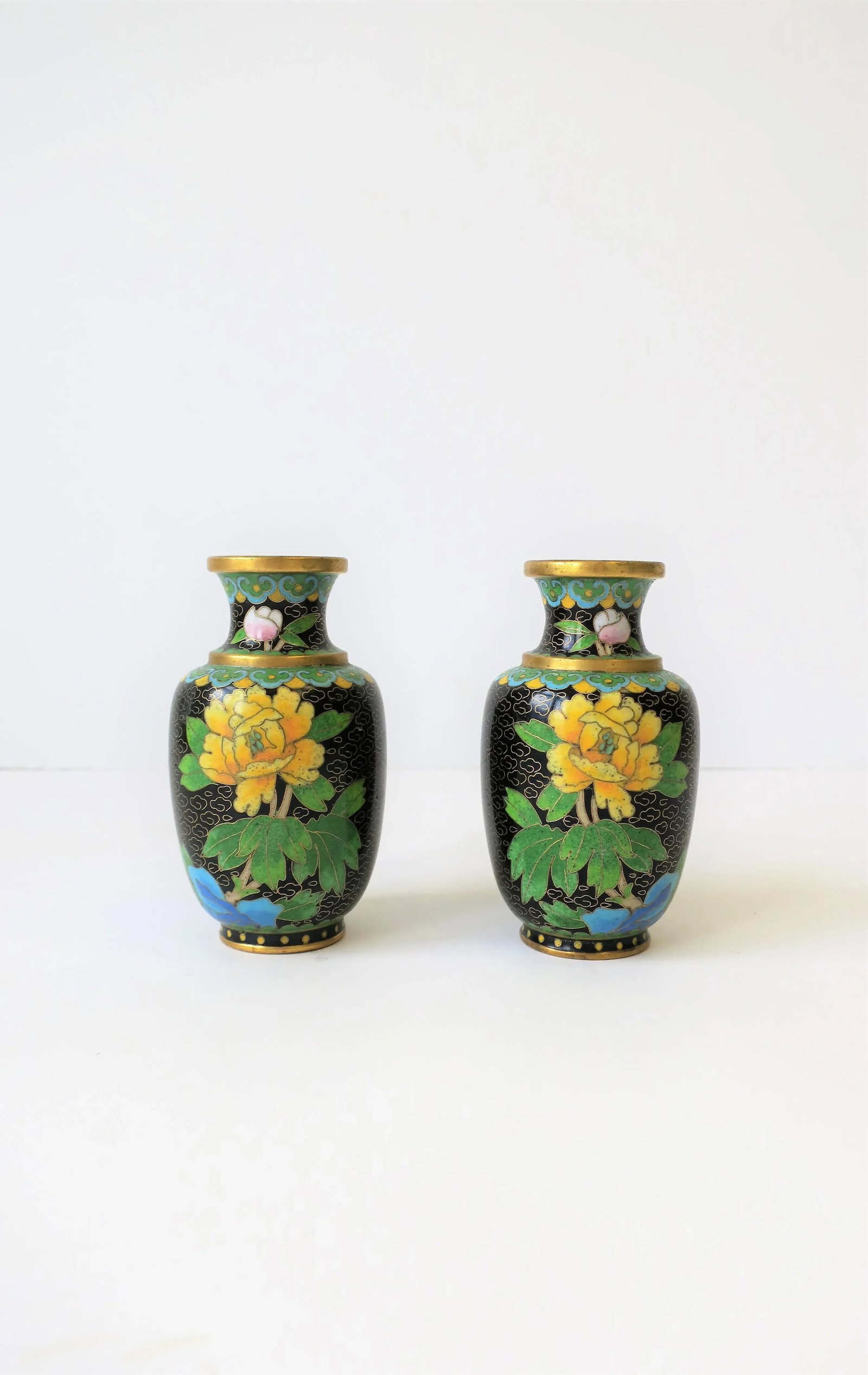 Black and Yellow Asian Cloisonne and Brass Vases - a Pair - 2