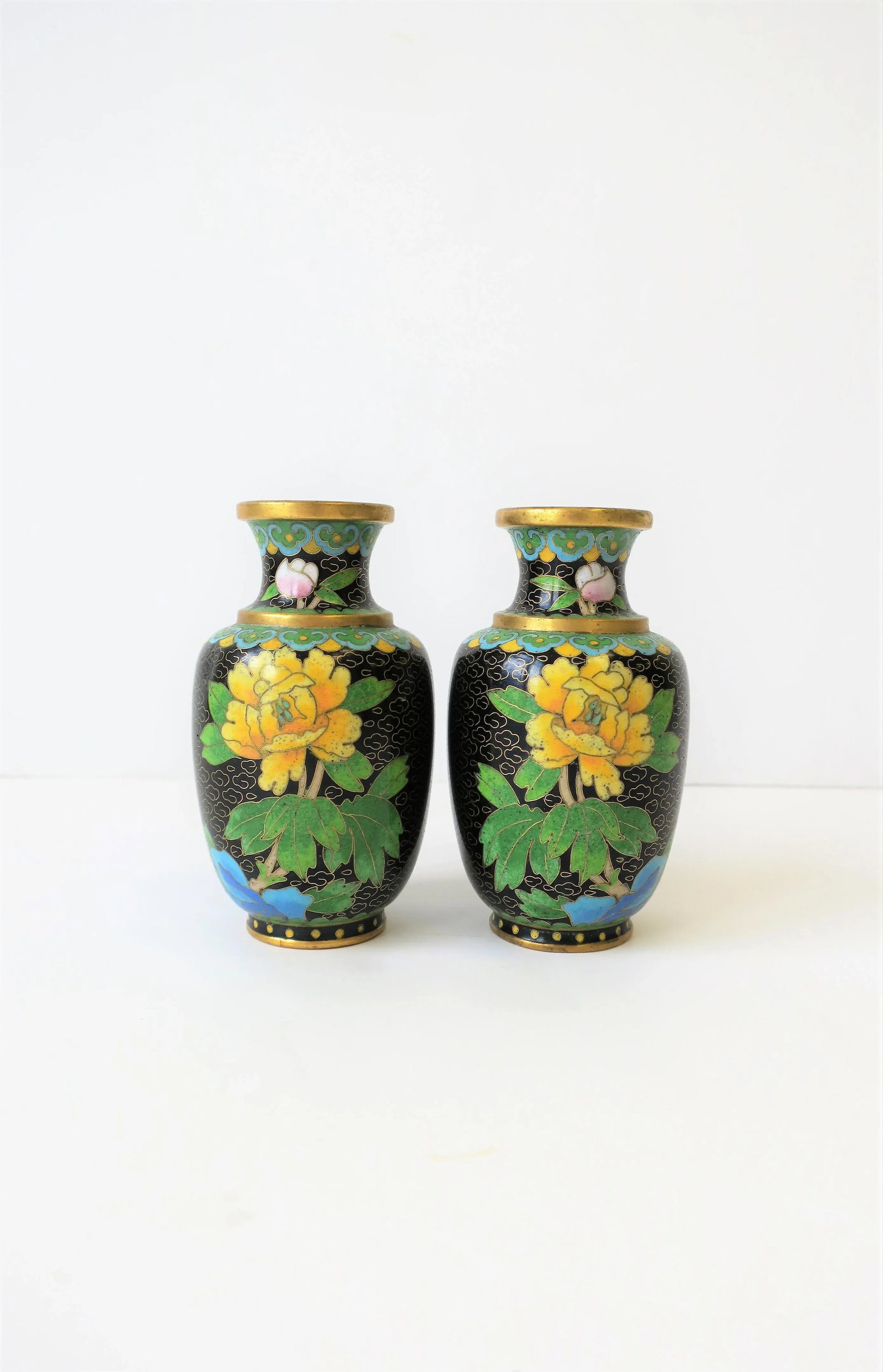 Black and Yellow Asian Cloisonne and Brass Vases - a Pair - 3