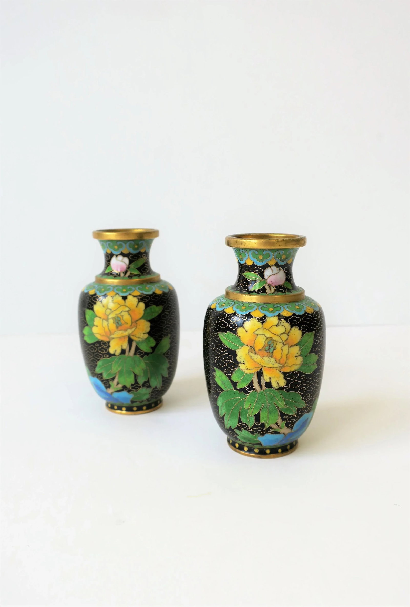 Black and Yellow Asian Cloisonne and Brass Vases - a Pair - 4