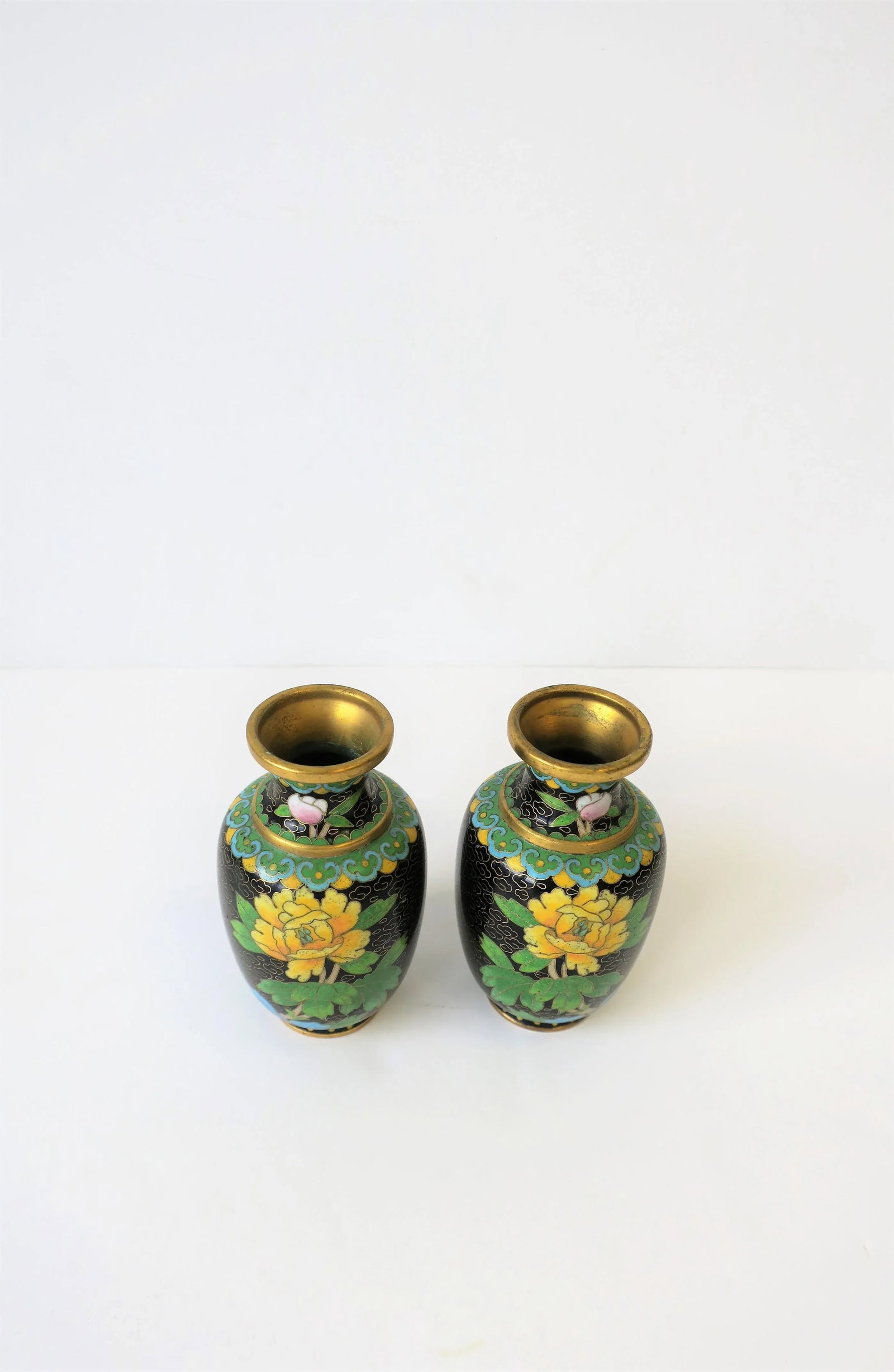 Black and Yellow Asian Cloisonne and Brass Vases - a Pair - 7