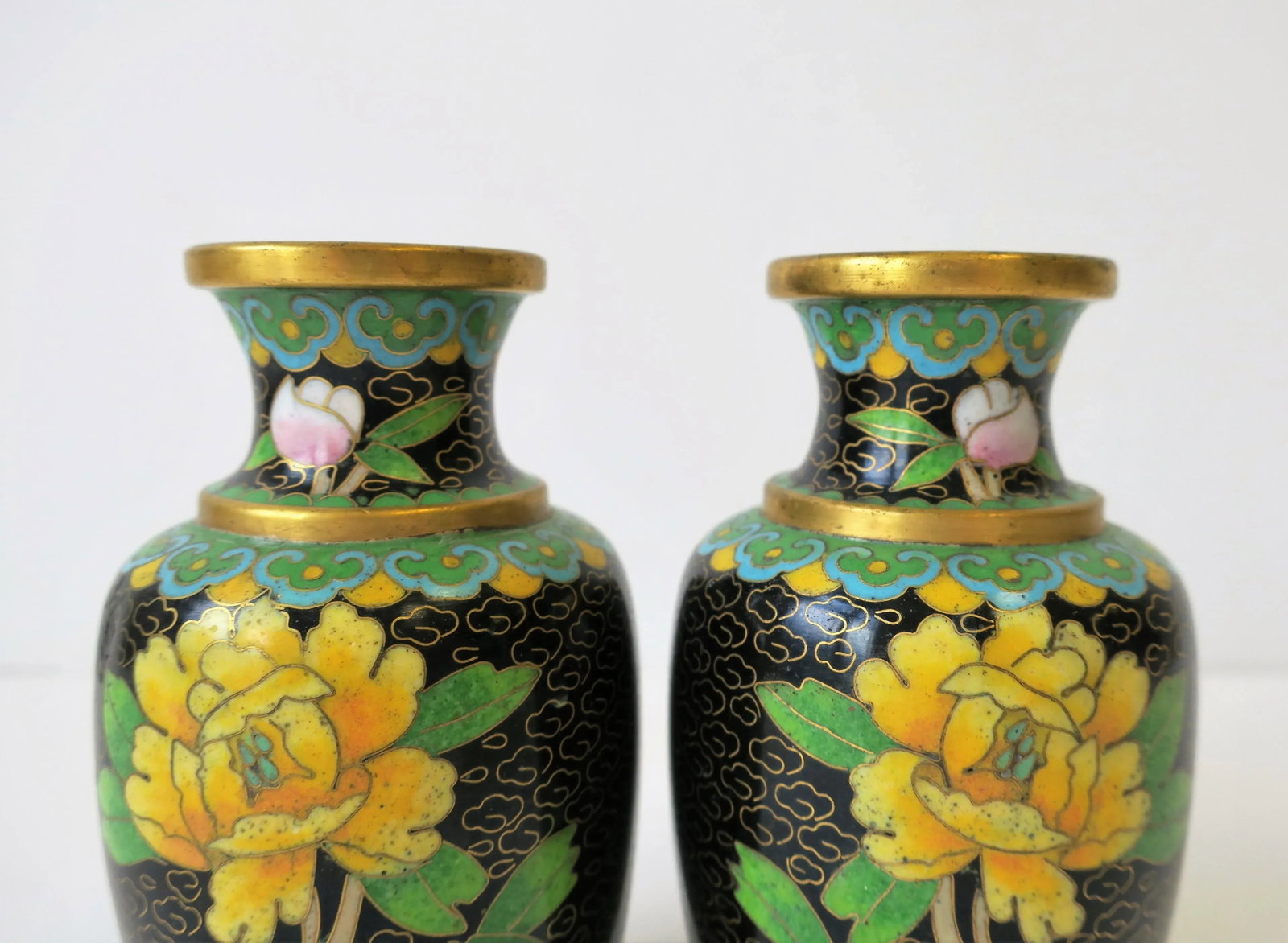 Black and Yellow Asian Cloisonne and Brass Vases - a Pair - 8