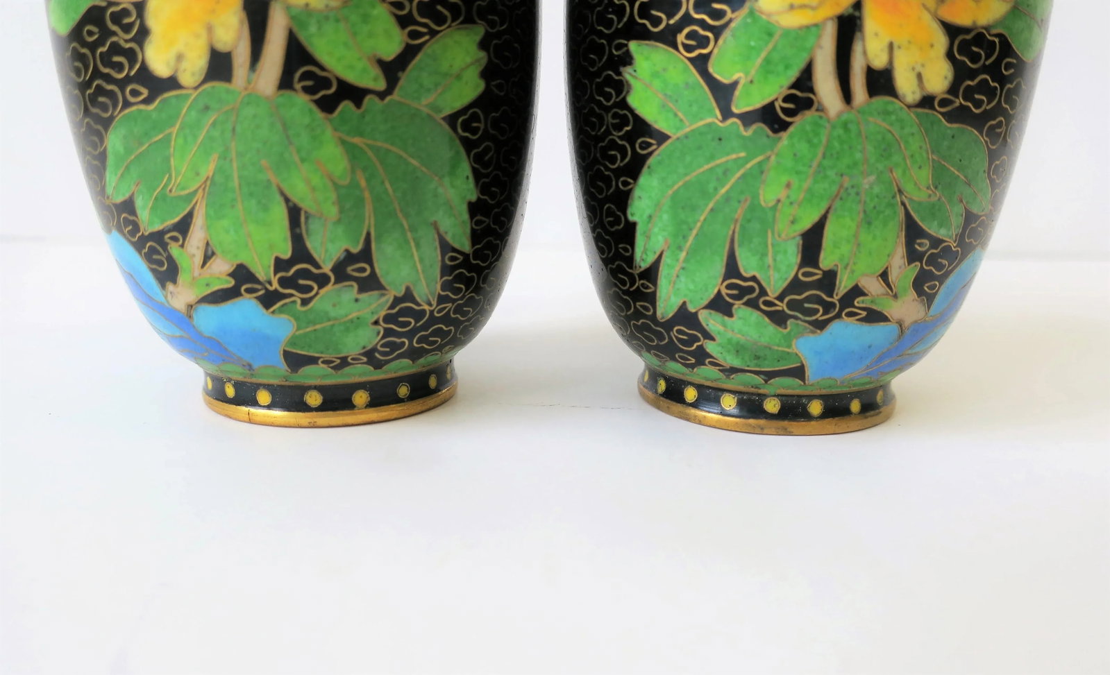 Black and Yellow Asian Cloisonne and Brass Vases - a Pair - 9