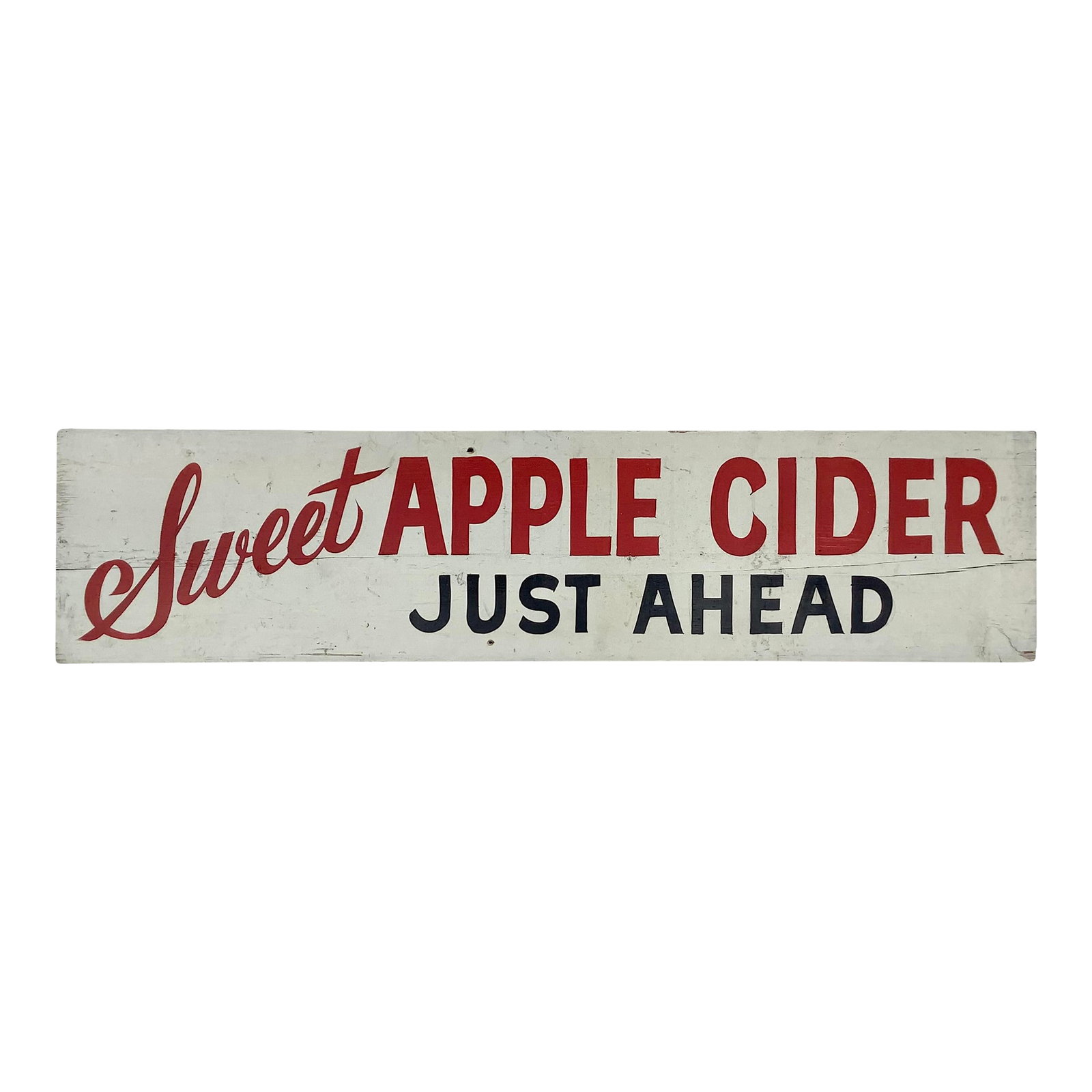 Vintage Wood Sweet Apple Cider Farmstand Sign: Circa 1940s/50s one sided hand lettered on single board Sweet Apple Cider farmstand sign found in New Hampshire. Sign has wear from use, scratches, cracks, discolorations, hole where one attached.. Co