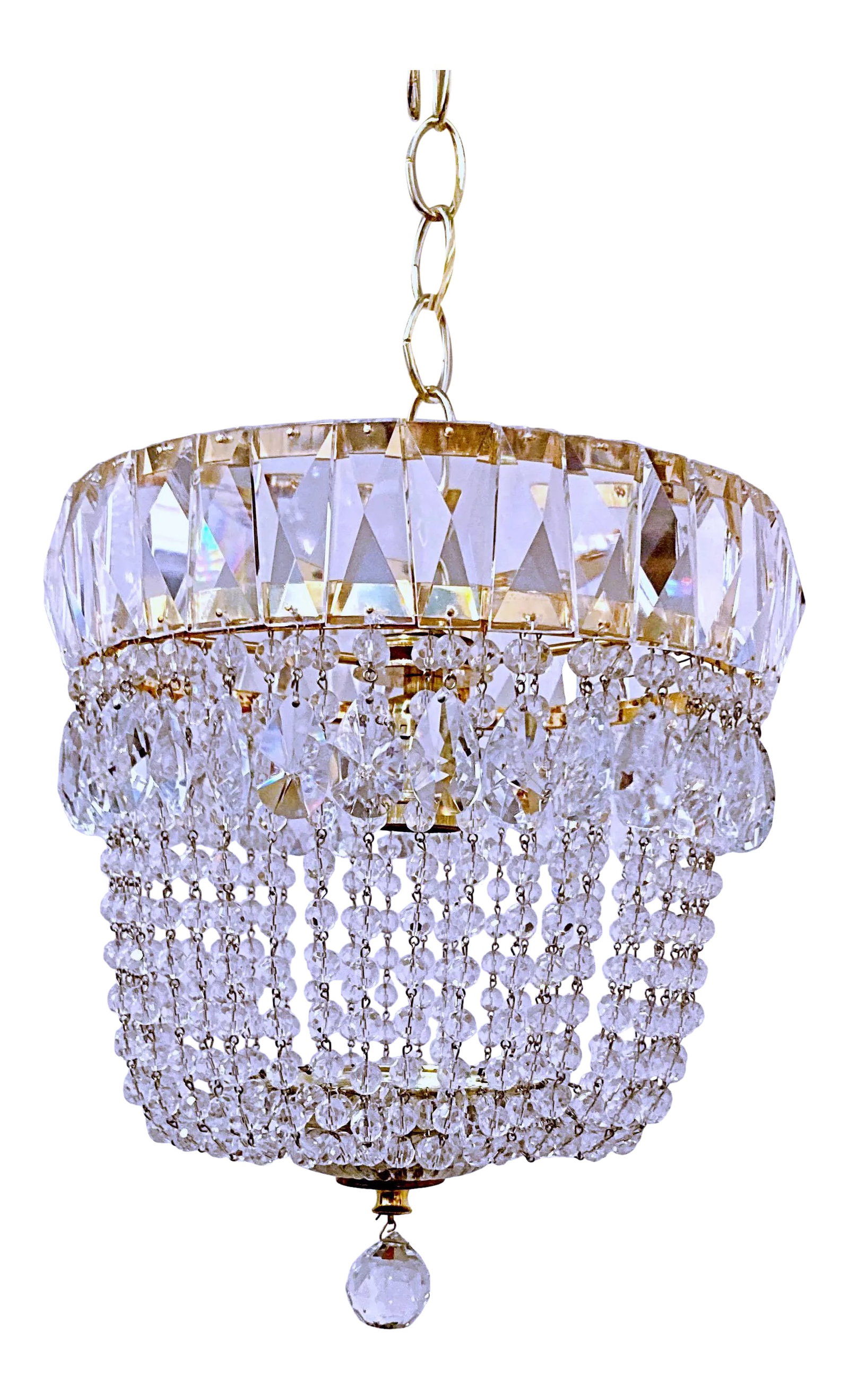 Vintage 1960-1970's Czechoslovakian Gold Plated Frame Basket Chandelier: This is a 1960-1970's basket chandelier with gold plated frame, rectangular shaped crystals on the frame and diamond cut crystal drops together with fire polished cut bead chain hanging from the frame