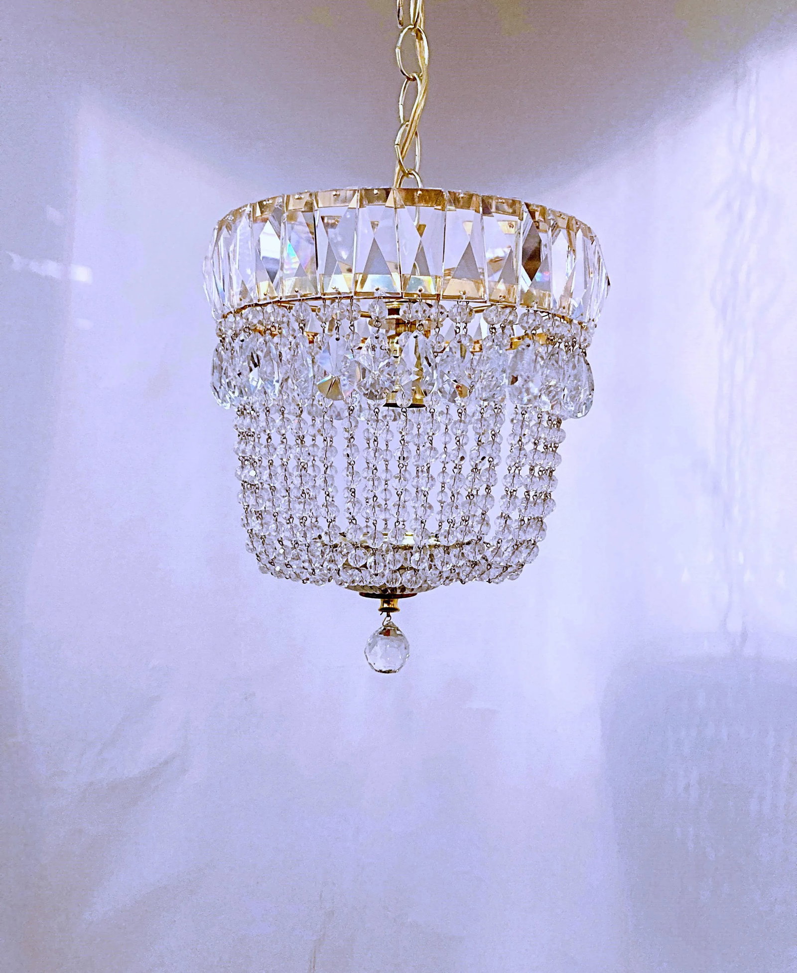 Vintage 1960-1970's Czechoslovakian Gold Plated Frame Basket Chandelier - 7