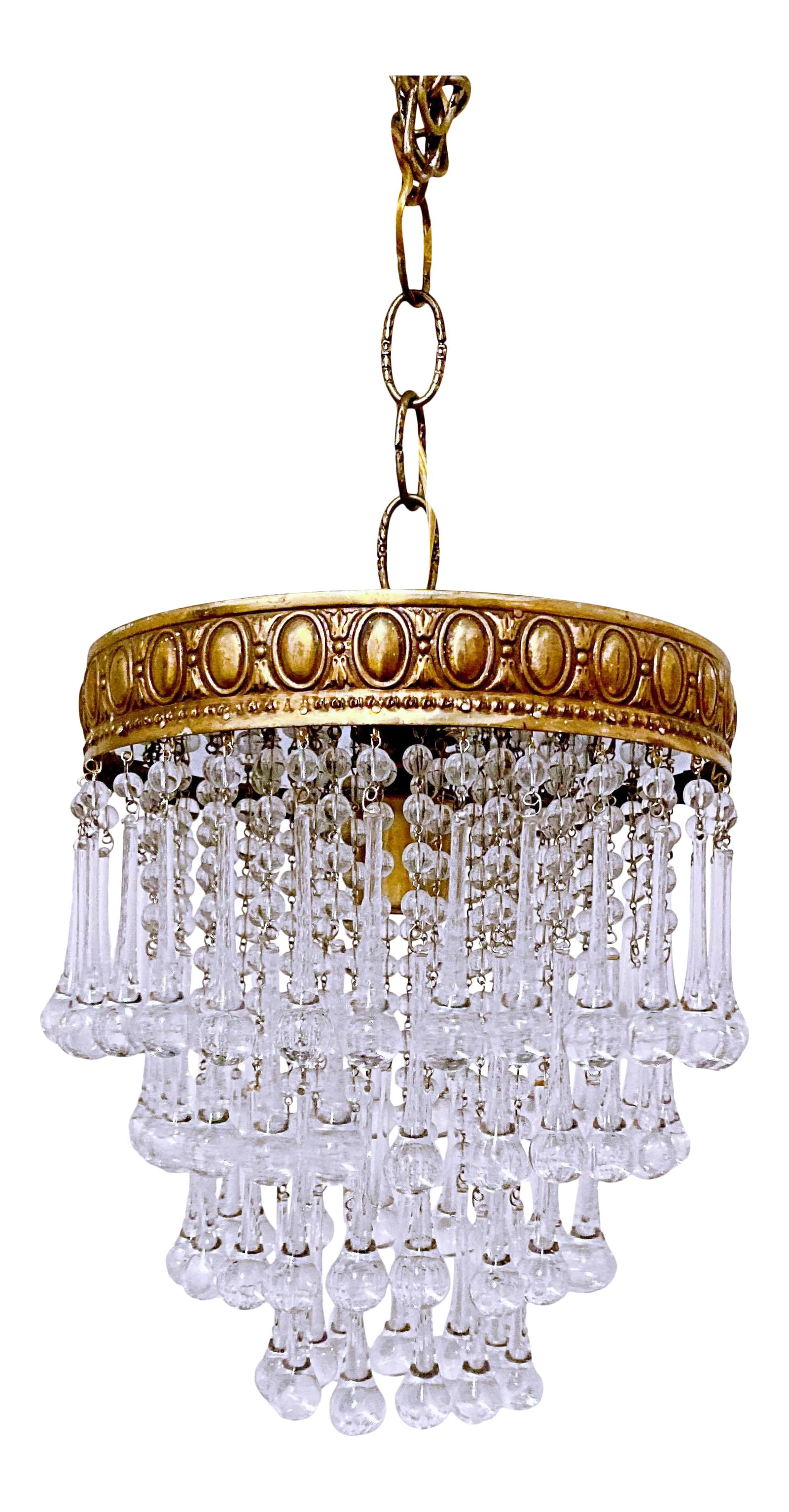 Vintage 1950s Italian Brass Upside Down Layered Cake Chandelier: This is an Italian chandelier with decorative brass rim and dressed with fire-polished plain bead chain and handblown crystals drops. It has 1 Edison base socket that it was rewired. The chandelier