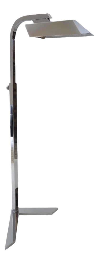 Floor Lamp Casella Style Adjustable Chrome: Vintage Casella style floor lamp - adjustable polished chrome Adjusts from a low height of 58 3/4" to 86 3/4 inches high. Note: There is a small area of discoloration on the shade, and a small scratch