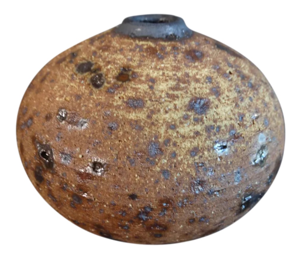 Otto and Vivika Heino Spherical Stoneware Vessel: This masterwork by Ojai's legendary artists in clay measures 5 1/2" x 5 1/2" x 5 1/2". Circa 1940s-50s. Otto Heino (April 20, 1915 - July 16, 2009) and Vivika Heino (June 27, 1910 - September 1,