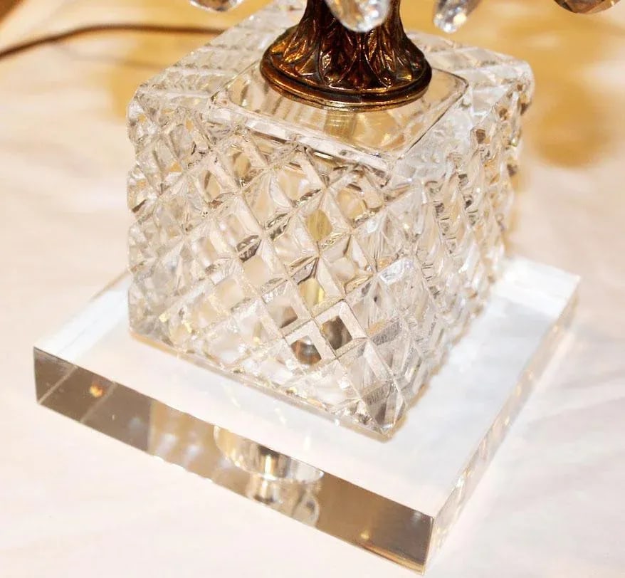 1970's Hollywood Regency Pineapple Cut Glass & Brass Lamps with Hanging Crystals on Lucite Bases - a - 10