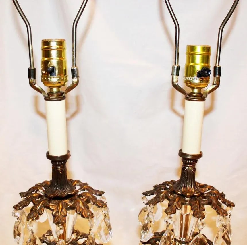 1970's Hollywood Regency Pineapple Cut Glass & Brass Lamps with Hanging Crystals on Lucite Bases - a - 11