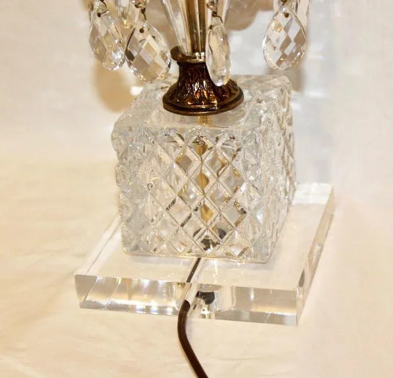1970's Hollywood Regency Pineapple Cut Glass & Brass Lamps with Hanging Crystals on Lucite Bases - a - 12