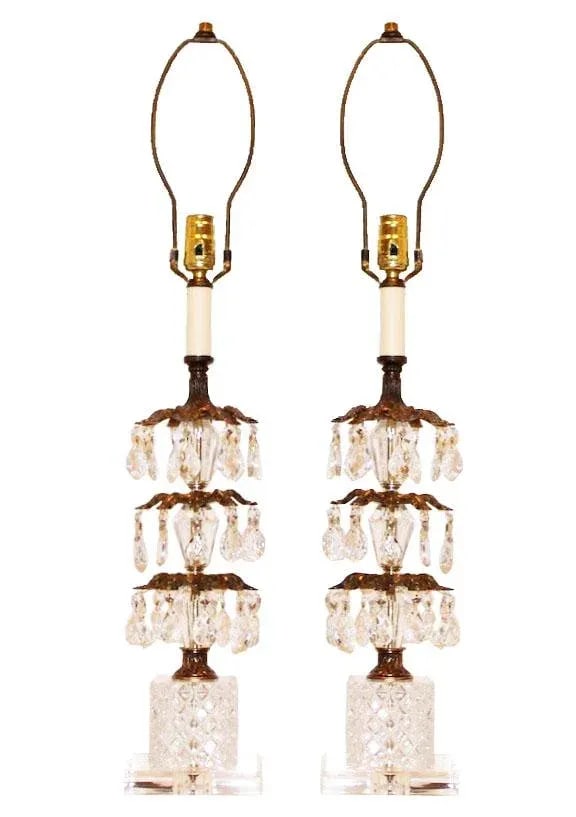 1970's Hollywood Regency Pineapple Cut Glass & Brass Lamps with Hanging Crystals on Lucite Bases - a - 13