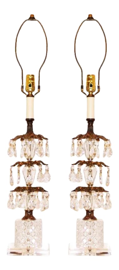 1970's Hollywood Regency Pineapple Cut Glass & Brass Lamps with Hanging Crystals on Lucite Bases - a: Exquisite pair of Hollywood Regency-style, pineapple cut-glass & brass table lamps dripping with three-tiers of hanging crystals. Circa 1978. Lamps have been newly mounted on thick Lucite bases.