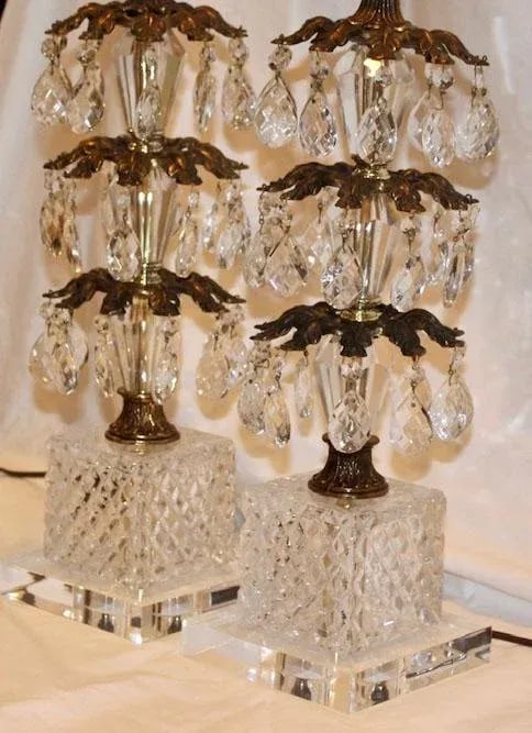 1970's Hollywood Regency Pineapple Cut Glass & Brass Lamps with Hanging Crystals on Lucite Bases - a - 2