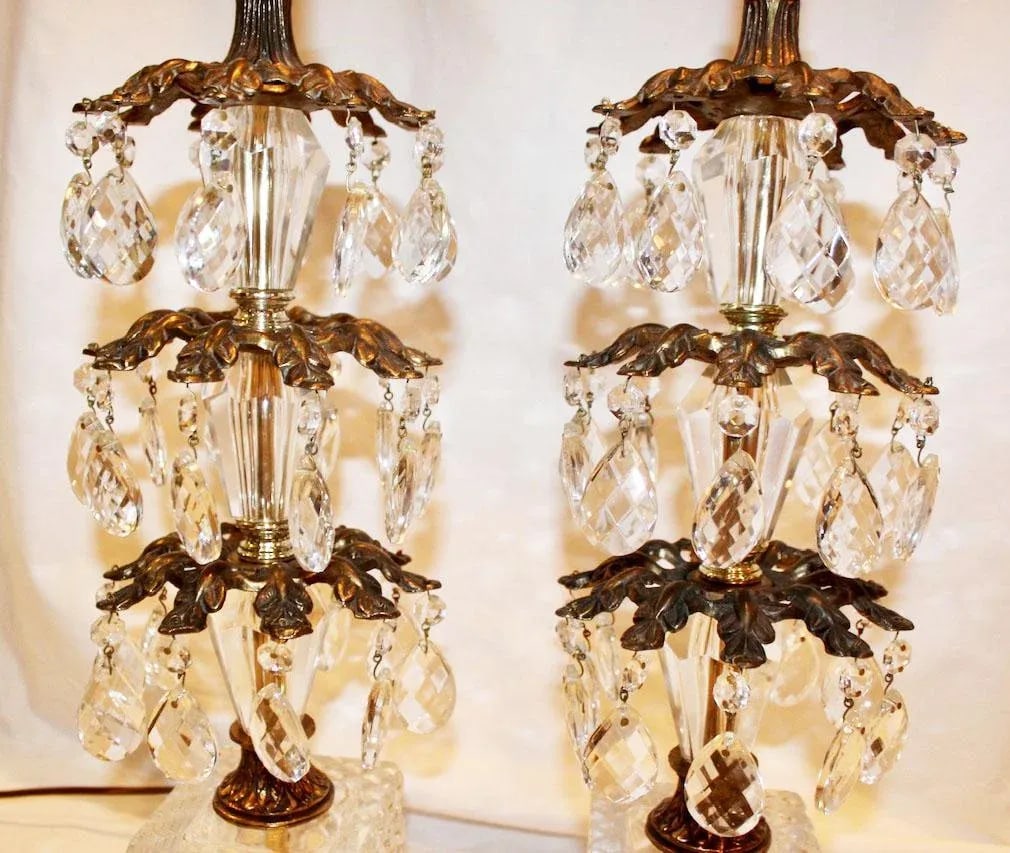 1970's Hollywood Regency Pineapple Cut Glass & Brass Lamps with Hanging Crystals on Lucite Bases - a - 3