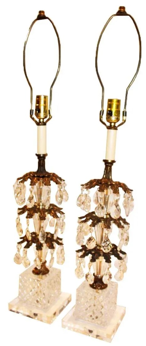 1970's Hollywood Regency Pineapple Cut Glass & Brass Lamps with Hanging Crystals on Lucite Bases - a - 4