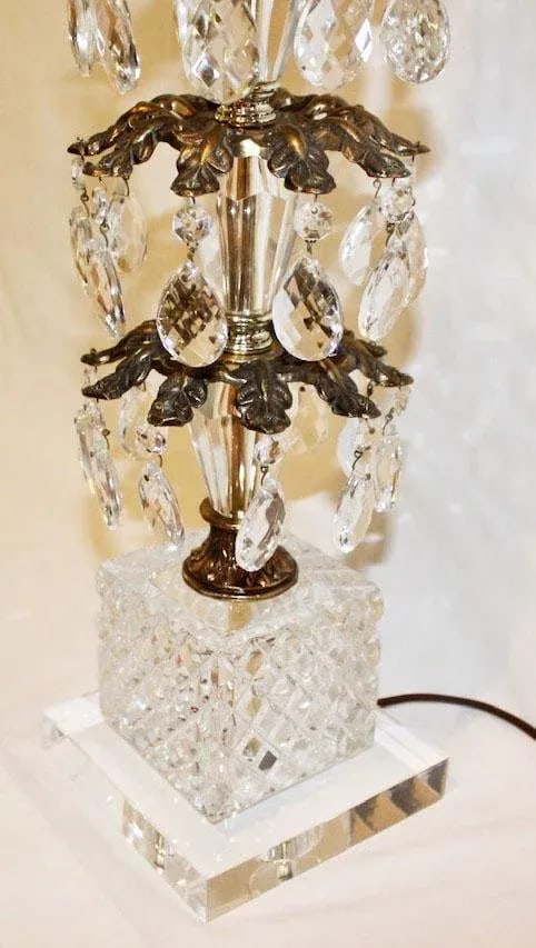 1970's Hollywood Regency Pineapple Cut Glass & Brass Lamps with Hanging Crystals on Lucite Bases - a - 5