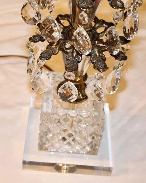 1970's Hollywood Regency Pineapple Cut Glass & Brass Lamps with Hanging Crystals on Lucite Bases - a - 7