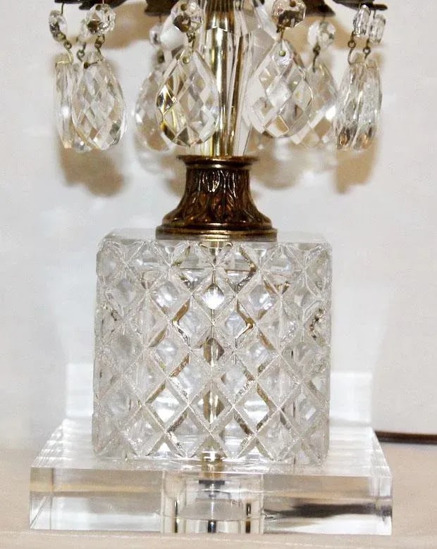 1970's Hollywood Regency Pineapple Cut Glass & Brass Lamps with Hanging Crystals on Lucite Bases - a - 8