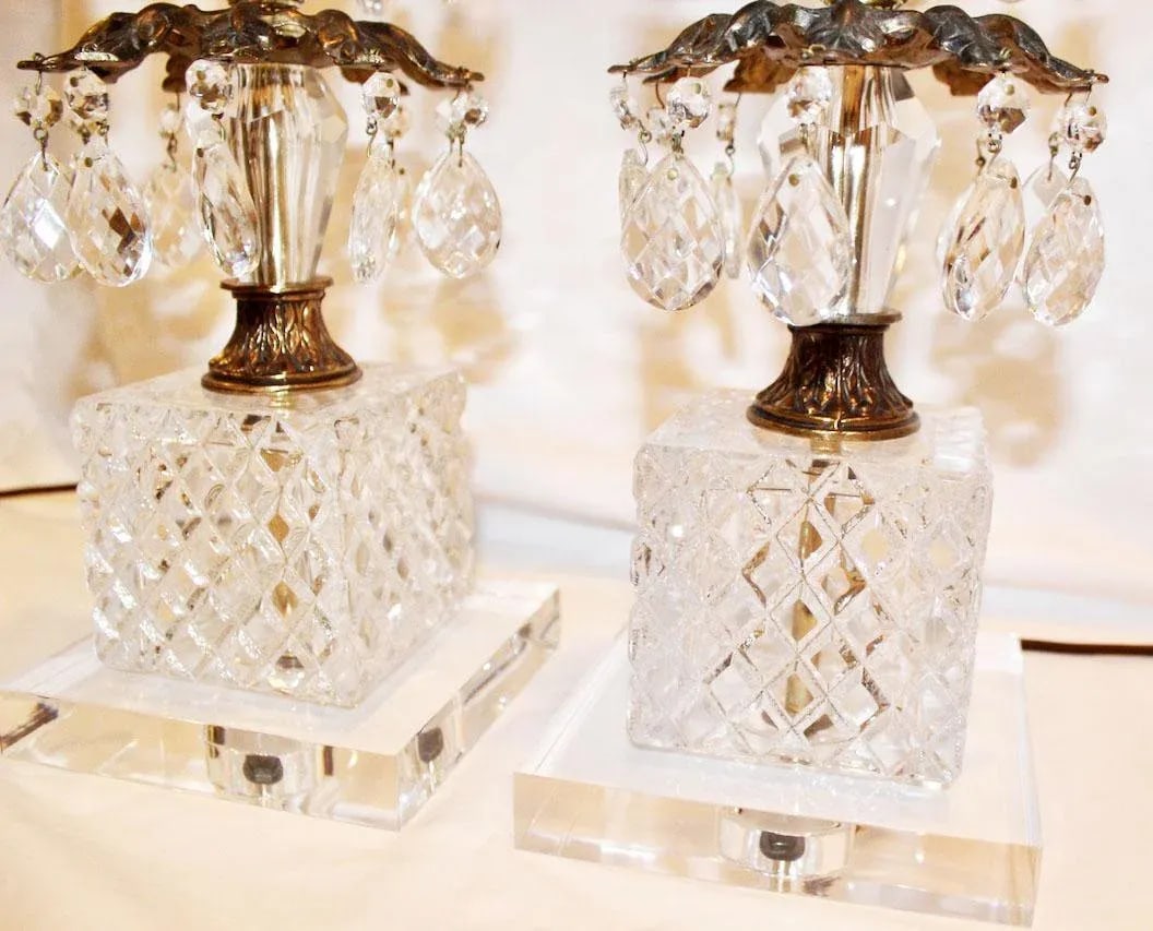 1970's Hollywood Regency Pineapple Cut Glass & Brass Lamps with Hanging Crystals on Lucite Bases - a - 9