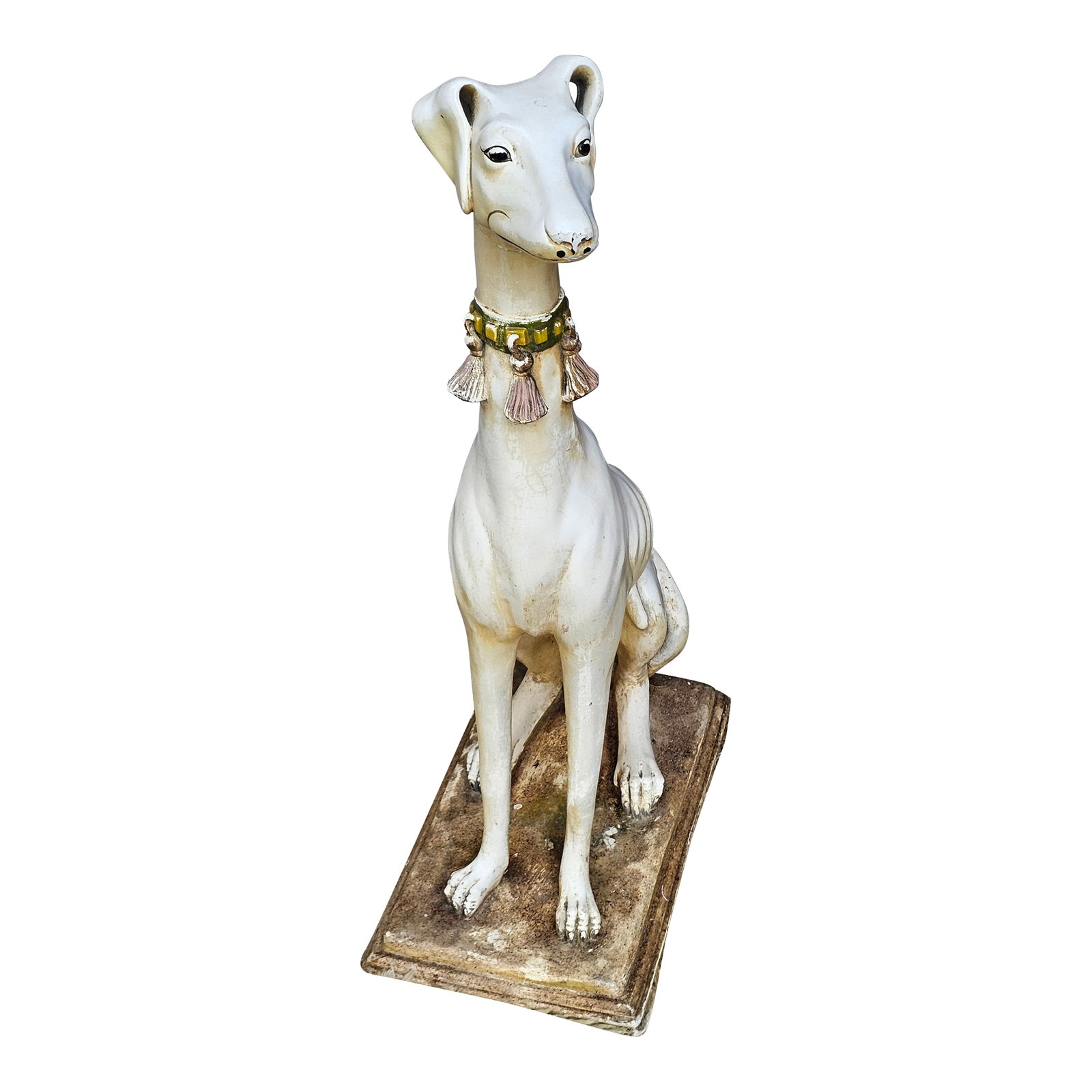 1940s Late Art Deco Sicilian Marwal Chalkware Greyhound.Statue: I believe this statue is composed of a tough plaster composite. They labeled it as Marwal. There is an impression of the seal near the rear of the statue. This item may be used indoors or outdoors.