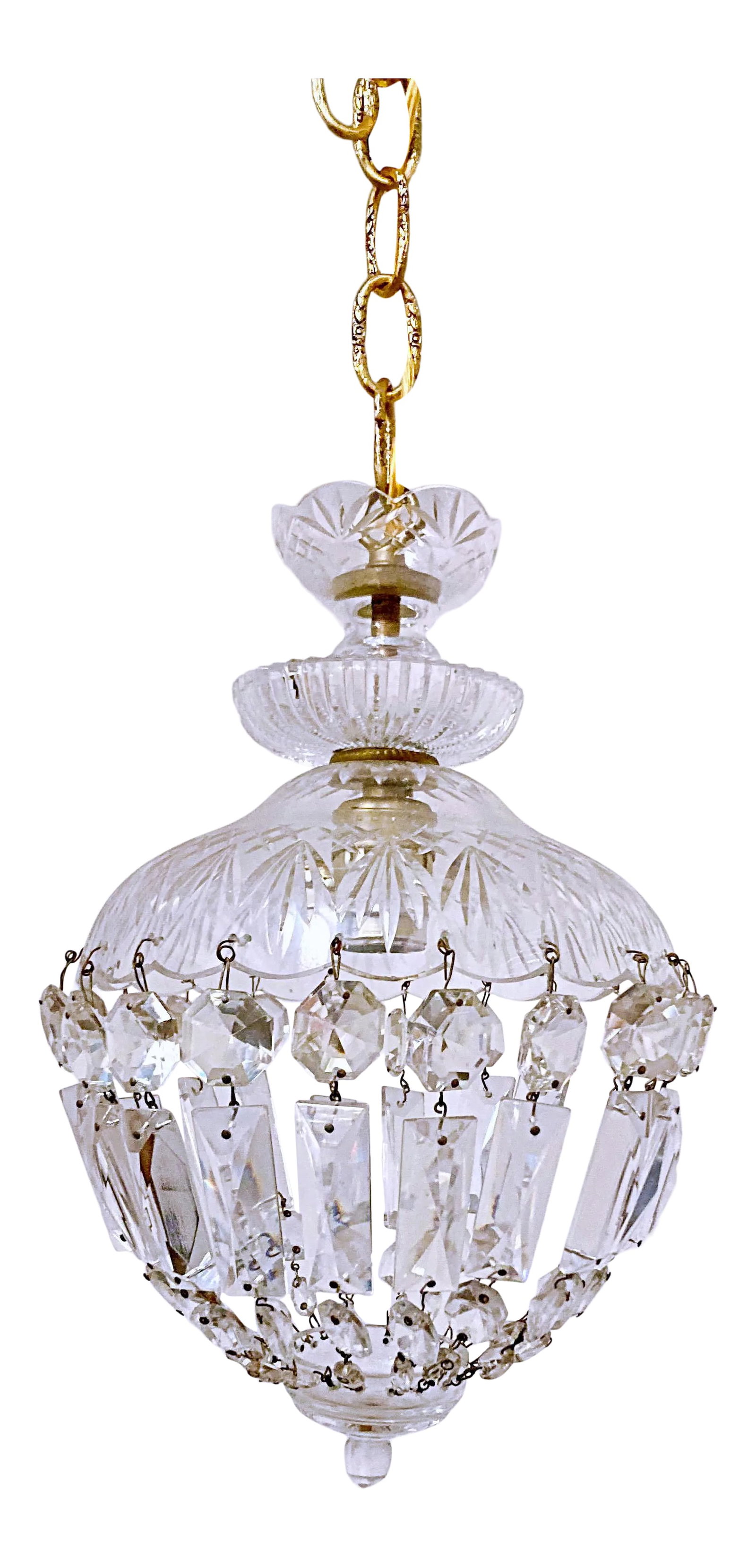 Vintage 1960s Glass Dome Basket Chandelier: This is basket chandelier that has a hand cut and hand made glass dish and vintage A-chain crystals. It has one Edison based socket wat was rewired and the crystal were just cleaned. #167 Condition: