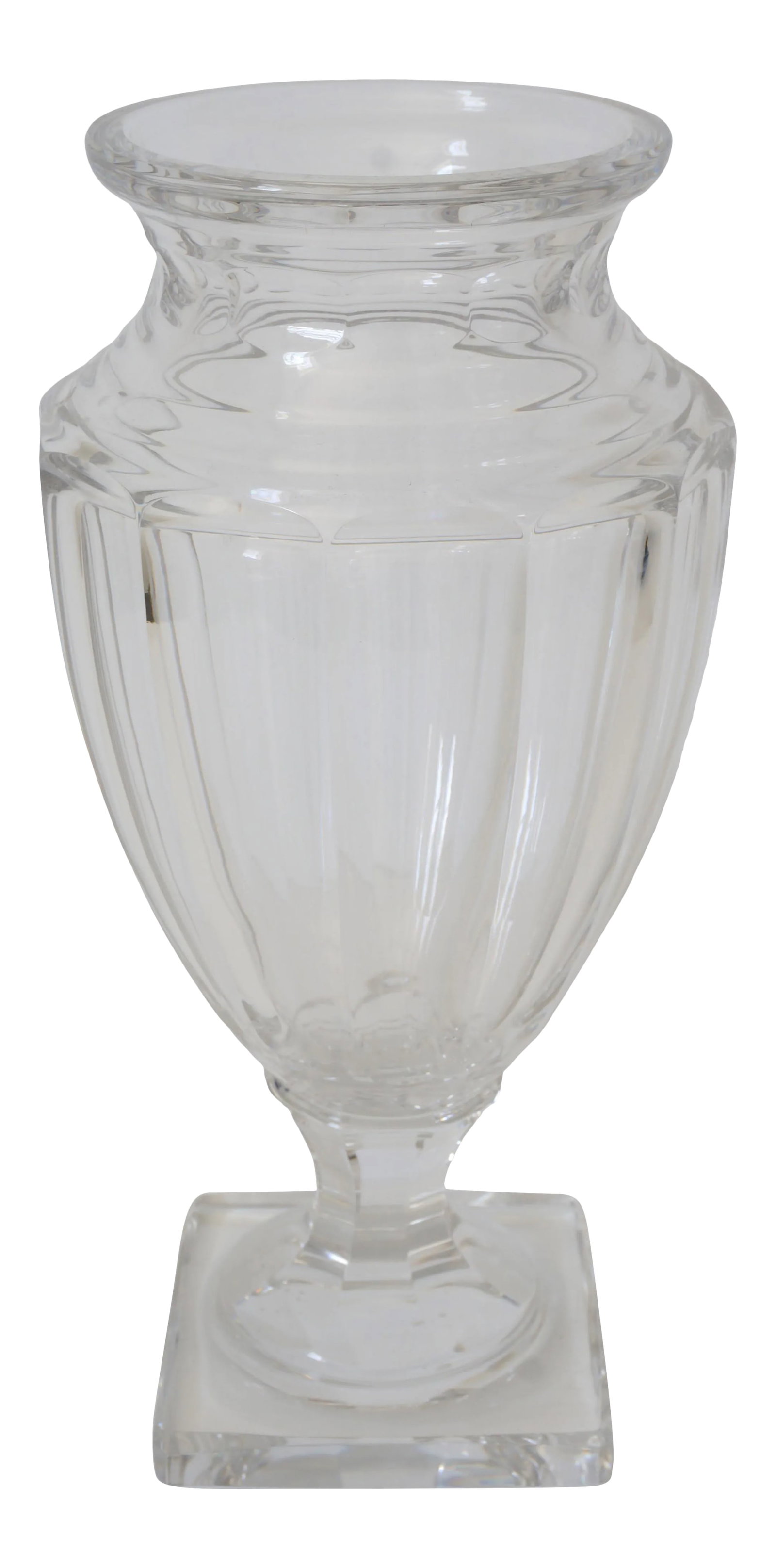 12"h Urn Vase 1940s Baccarat Style: Vintage 1940s Baccarat Style Urn Vase Cut Crystal Footed from a Palm Beach estate. French, signed by the artisan. signed in verso. Condition: Alterations: Original Condition Unaltered Imperfections: