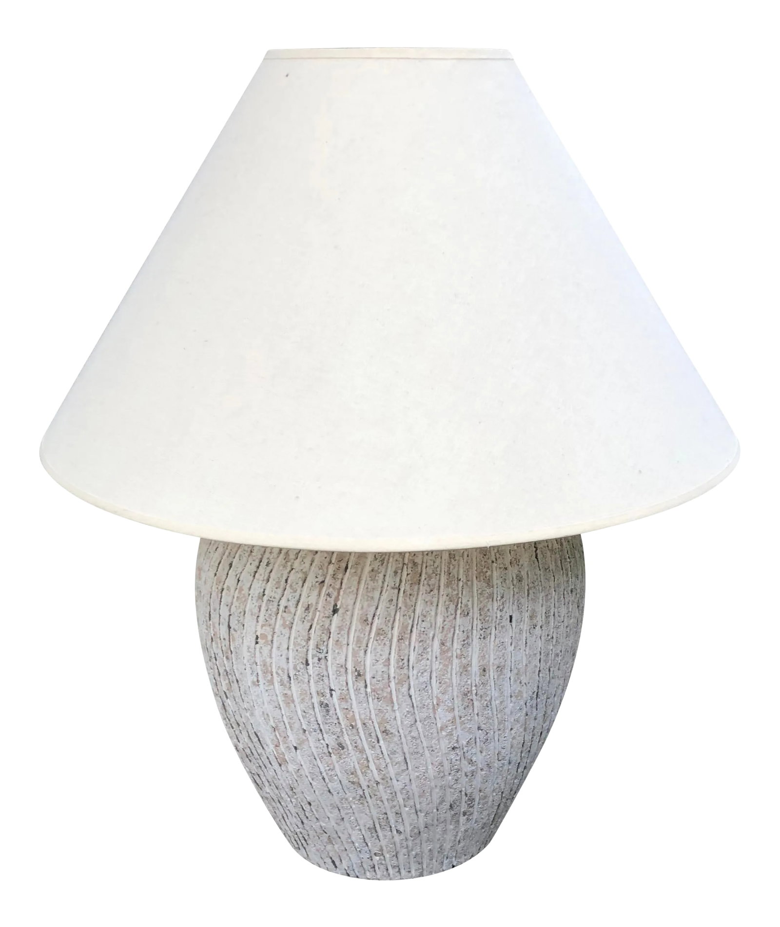 Vintage Late 20th Century Plaster Swirl Lamp: Heavy plaster vintage lamp from Lamps Forever, Ca. Ribbed swirl, gray and white texture over clay base. Lamp measures 20" to top of socket. Lamp shade is included. Condition: Alterations: Original Con