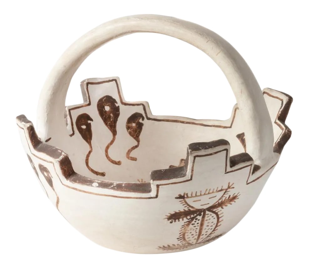 Zuni Prayer Bowl With Handle Signed Jennie Laate: Rare Southwestern Prayer Bowl with Handle featuring traditional designs, signed by Jennie Laate (Zuni, 1933-1994) Dimensions 6" H x 7" dia Handle length - 9.5" Jennie Laate (1933-1994) was from Acoma