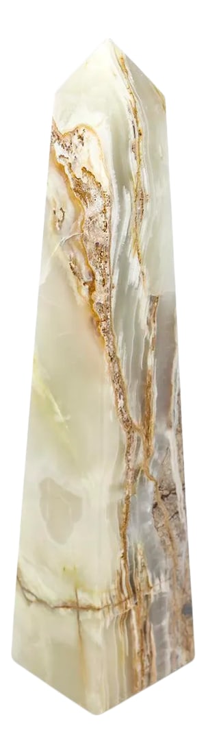 1960s Italian Onyx Obelisk: This vintage stone obelisk is very eye catching with its neutral colors and earth tones. It makes a statement with its natural beauty and extra large size. It is quite heavy. Condition: Alterations: