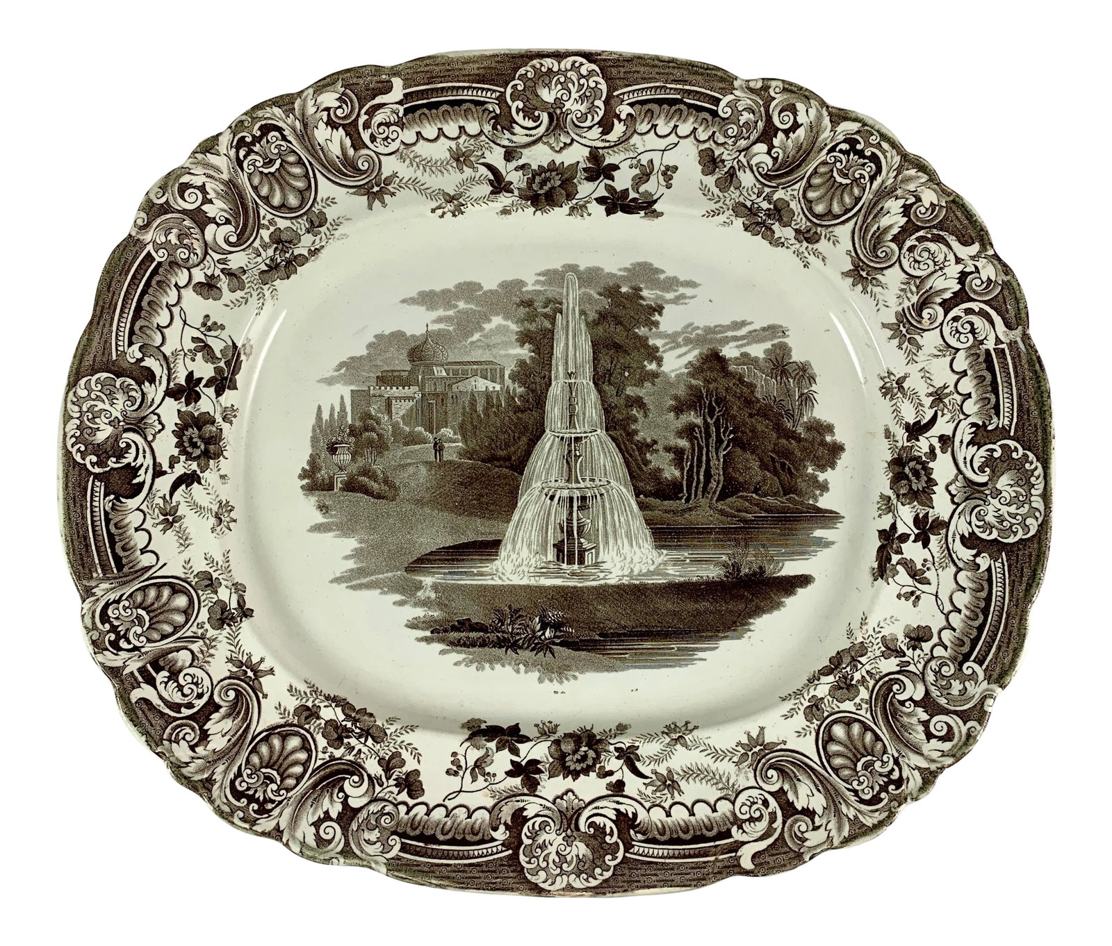 Enoch Wood & Sons English Staffordshire 'Fountain' Brown Transferware Platter: A Transferware platter in the 'Fountain' pattern - Enoch Wood & Sons. - Burslem, Staffordshire, England - circa 1818-1846. A dramatic and detailed chocolate brown printed earthenware platter with a