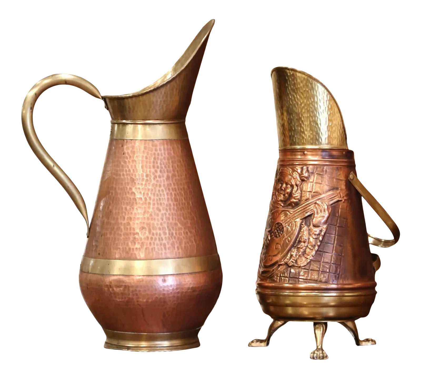 Set of Two Mid-Century French Copper and Brass Watering Cans From Normandy: Accessorize your kitchen cabinets or catch you umbrellas using these antique water cans; crafted in Normandy France, circa 1950, both cans are made of copper and brass (one sits on paw feet and is