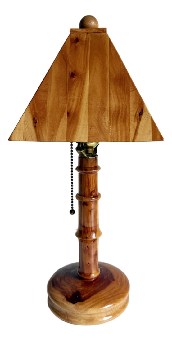Vintage Folk Art Wood Shade Table Lamp: Unique mid-20th-century folk art style table lamp. Handmade base and shade constructed from cedar wood. Features solid wood construction, brass socket and on/off pull chain, a wood ball finial on