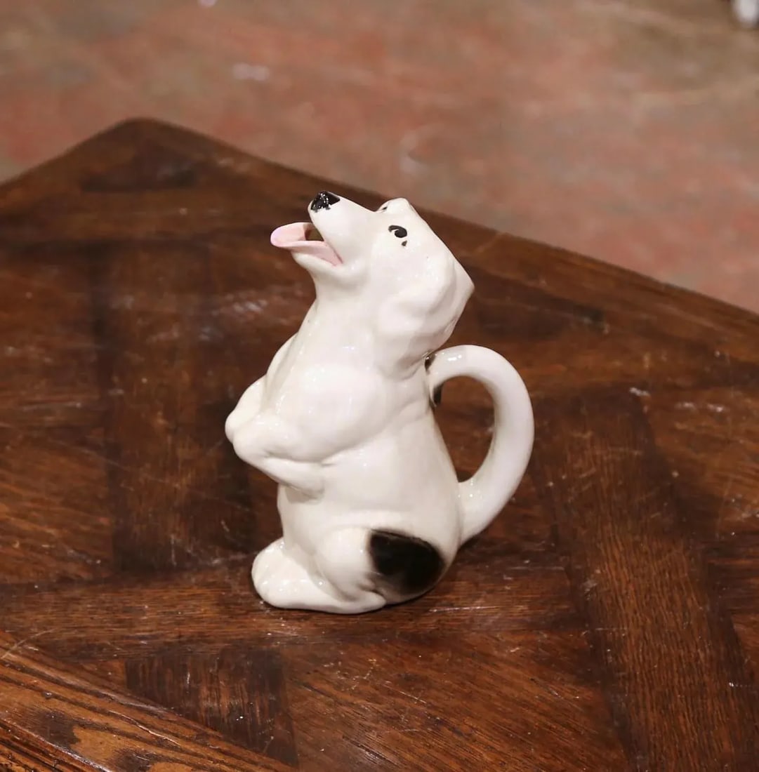 Mid-Century French Sarreguemines Hand-Painted Ceramic Begging Dog Pitcher - 3