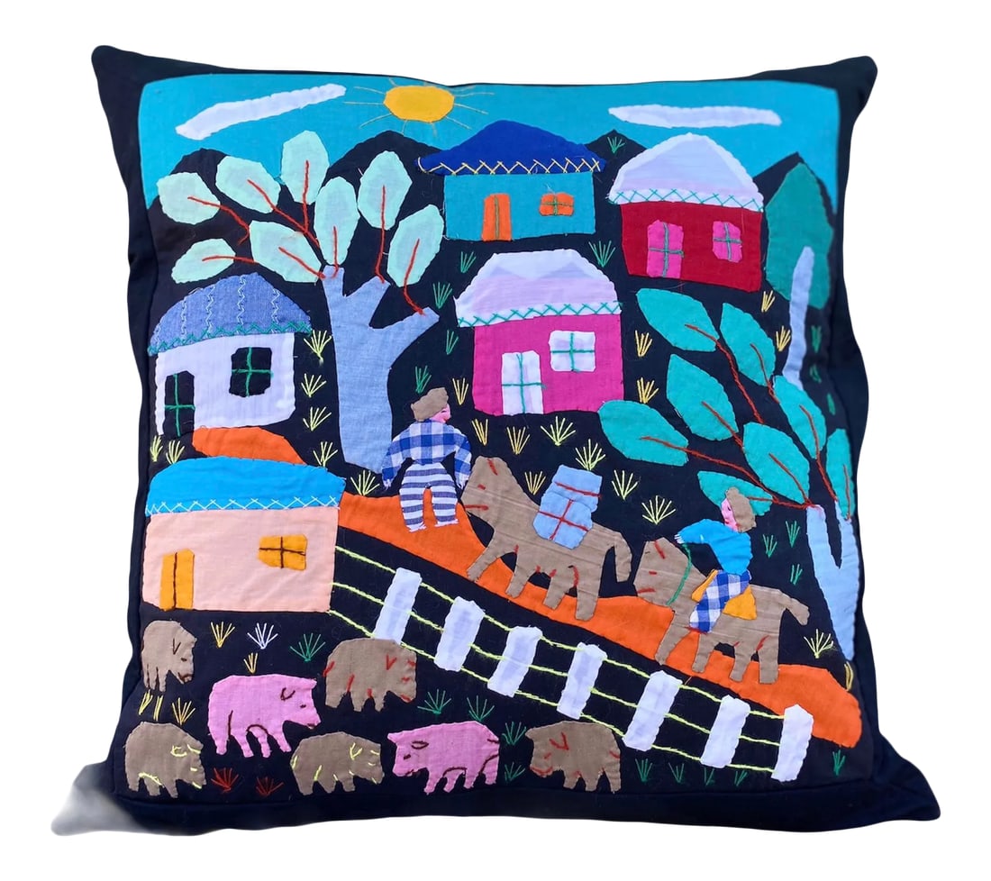 South American Folk Art Pillow: One-of-a-kind handmade textile from South America has been transformed into a beautiful 21" x 21" pillow perfect for a child's room or any home that enjoys folk art from around the globe. Bright