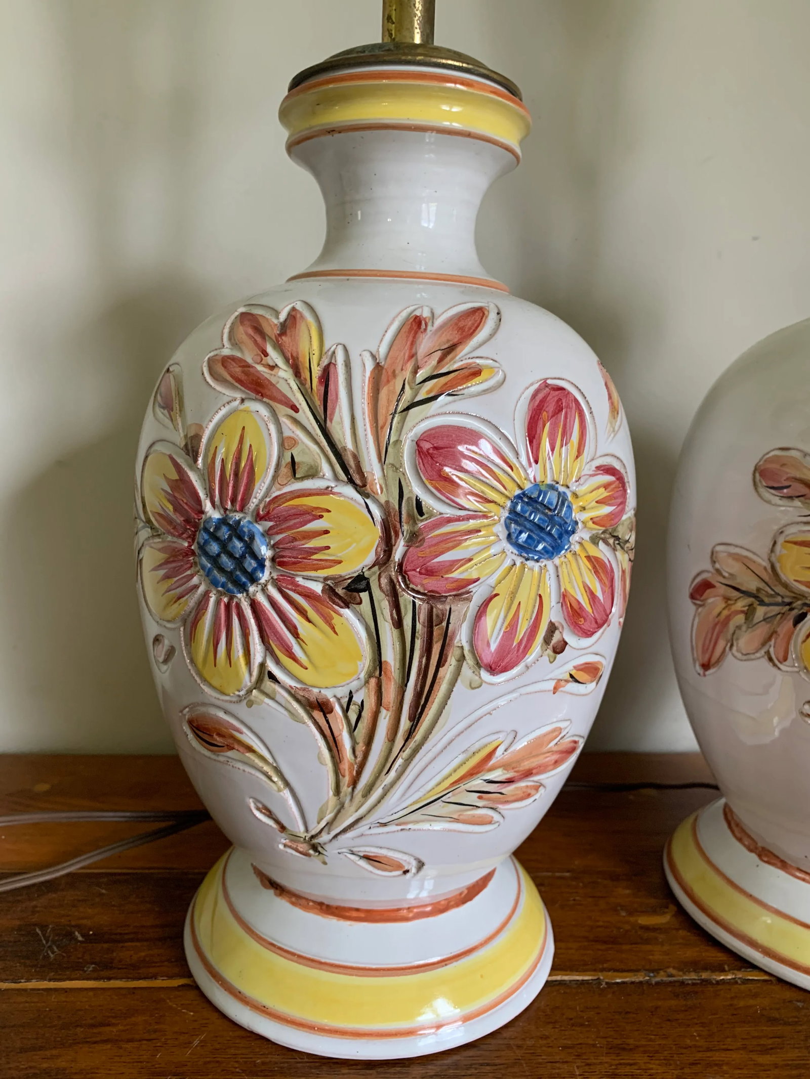 1980s Italian Ceramic Table Lamps With Flower Design - a Pair - 4