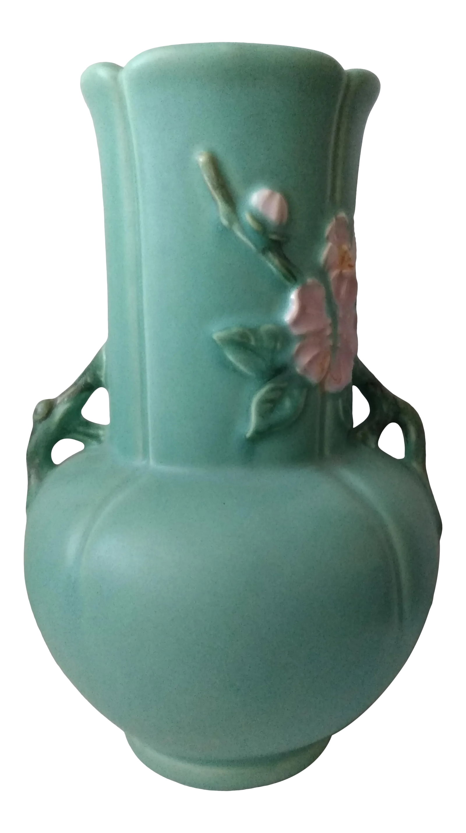 1930's Wild Rose Pattern Vase by Weller Pottery: This Wild Rose Pattern Vase by Weller Pottery has a rich aqua/green matte finish. The colors were produced in the 1930's, are still vibrant today. The bulbous bottom flutes upward into a straight
