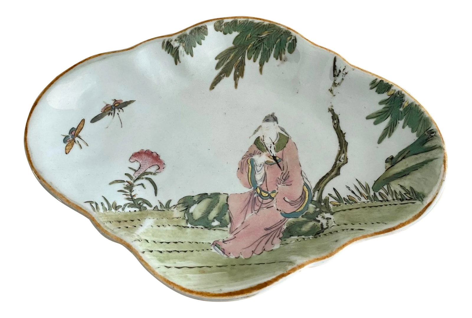 Vintage Chinoiserie Pedestal Dish: Vintage Chinoiserie pedestal dish. Hand painted scene. Pretty greens and pink. Gilded edge. Nice on a coffee table/console or as catch-all Condition: Alterations: Original Condition Unaltered