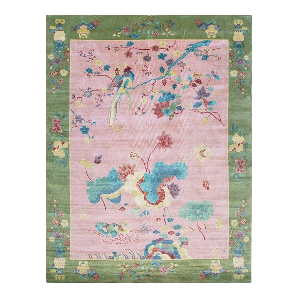 2020s Pink Rose Floral Contemporary Chinese Art Deco Rug 8'10" X 11'8" Handknotted Wool Carpet: Contemporary Chinese Art Deco Style Carpet ( 8'10" X 11'8" ) Condition: Imperfections: No Imperfections Condition Notes: New Origin: India Materials & Techniques: Wool Details: Pattern: Floral