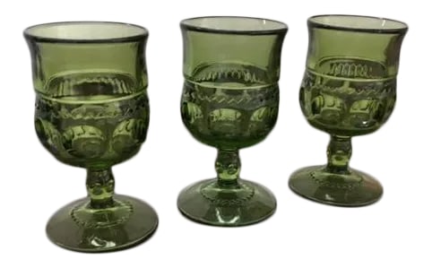 1950s King's Crown Green Cordials - Set of 3: These three King's Crown Thumbprint Cordials will complete your set or allow you to entertain more people! Three Indiana Glass in the deep green avocado color that is so mid-century. Condition: