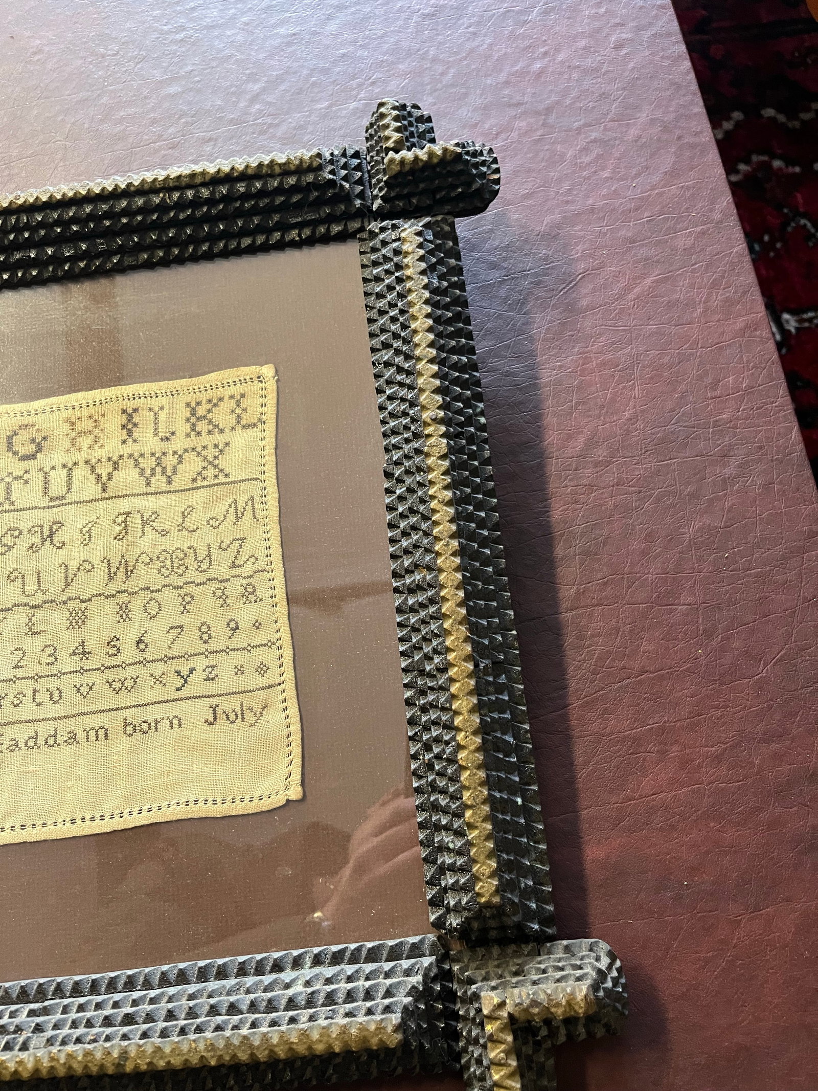 Antique Needlepoint Sampler With Tramp Art Frame - 10