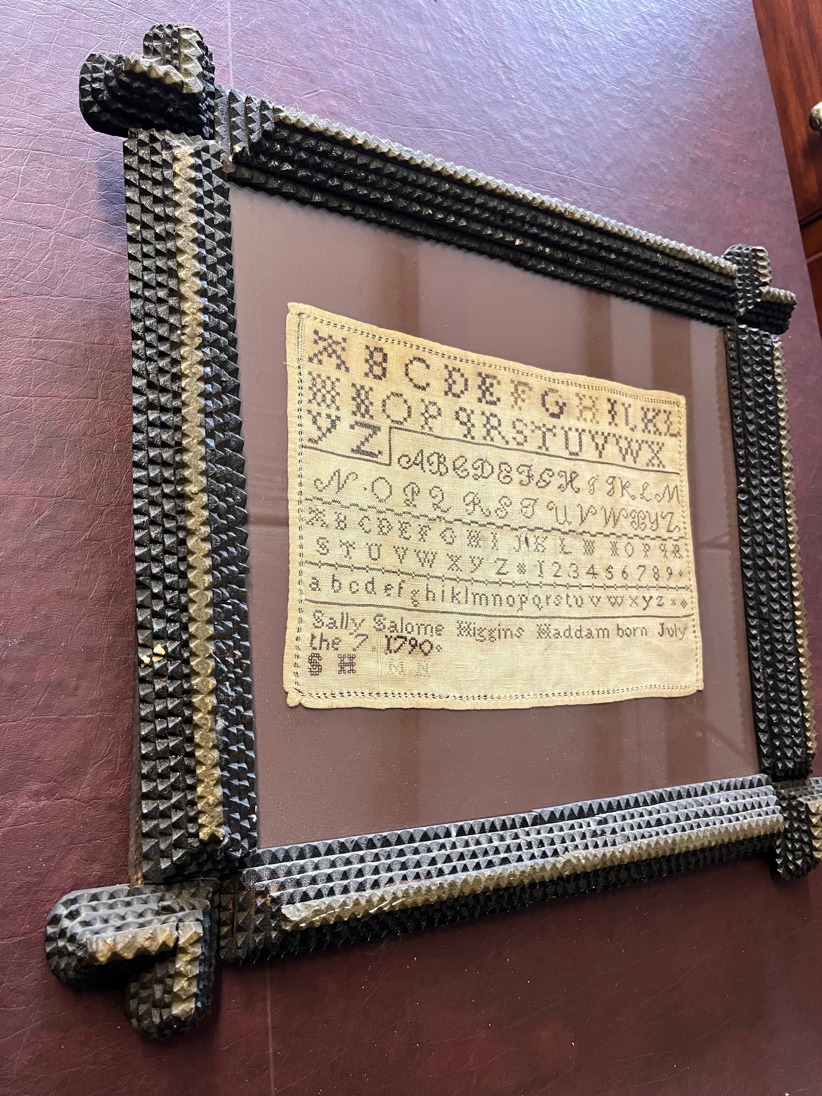 Antique Needlepoint Sampler With Tramp Art Frame - 5