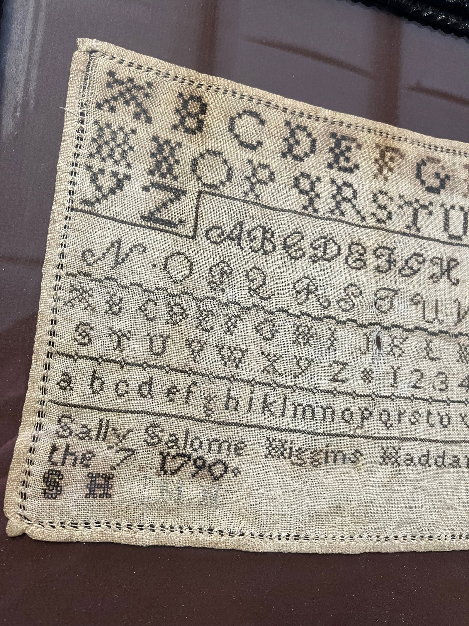 Antique Needlepoint Sampler With Tramp Art Frame - 9