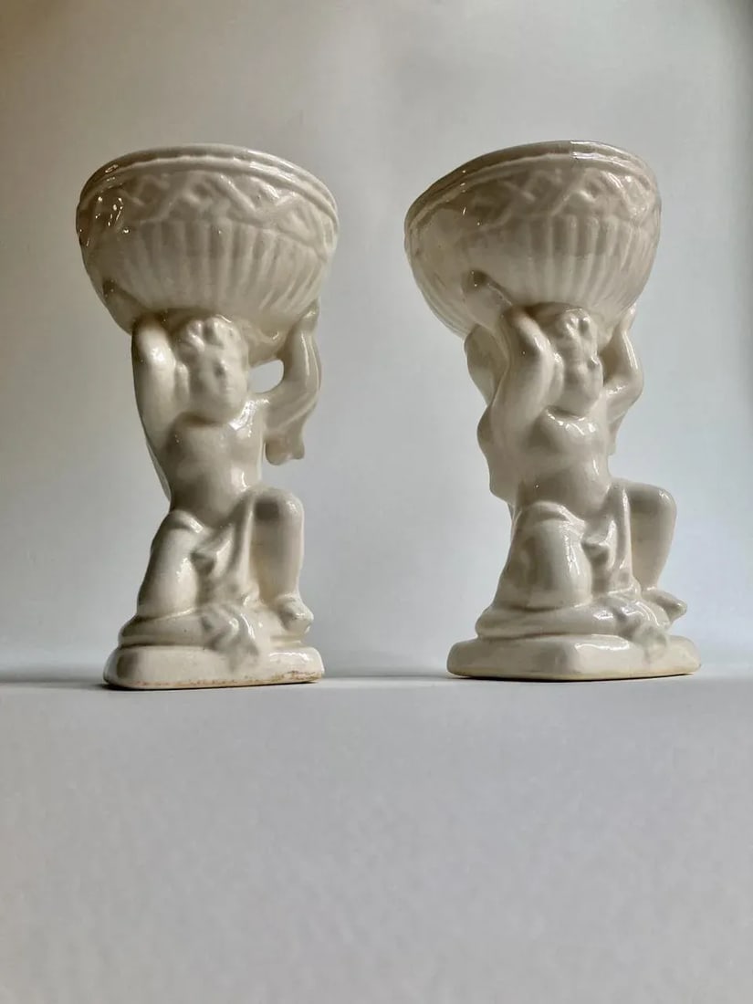 Mid 20th Century Cream Ceramic Cherub Vases Candle Holders - A Pair - 2