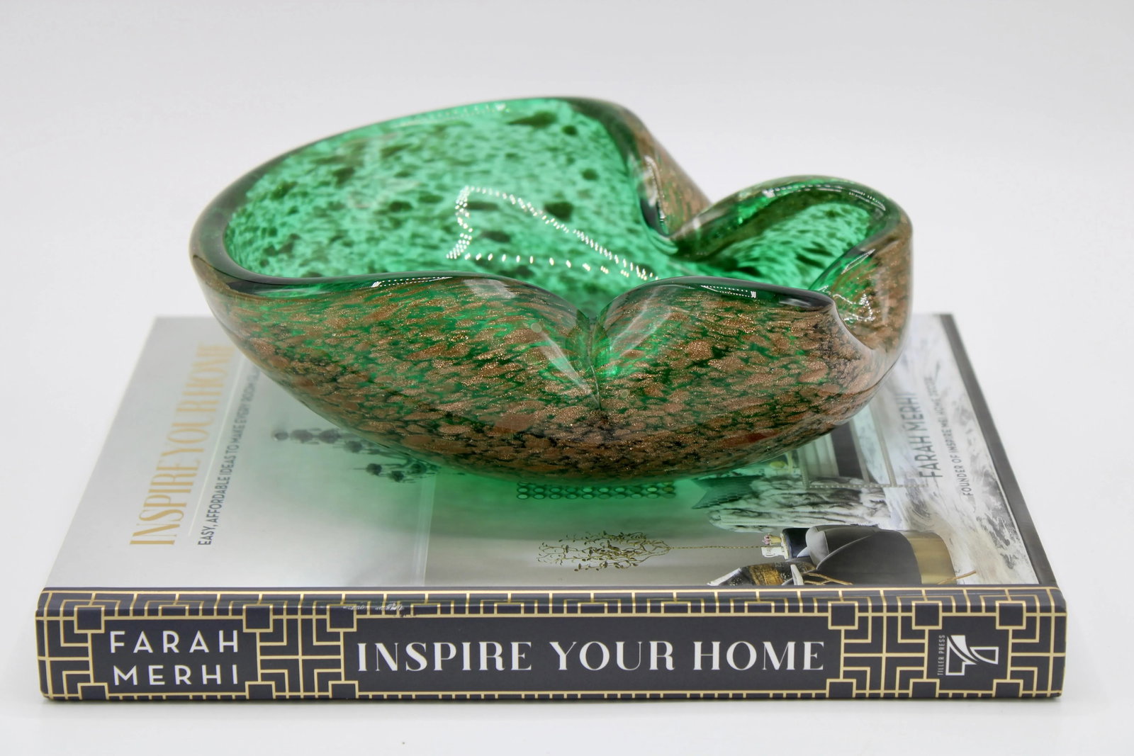 Art Deco Italian Murano Green and Gold Glass Dish - 12
