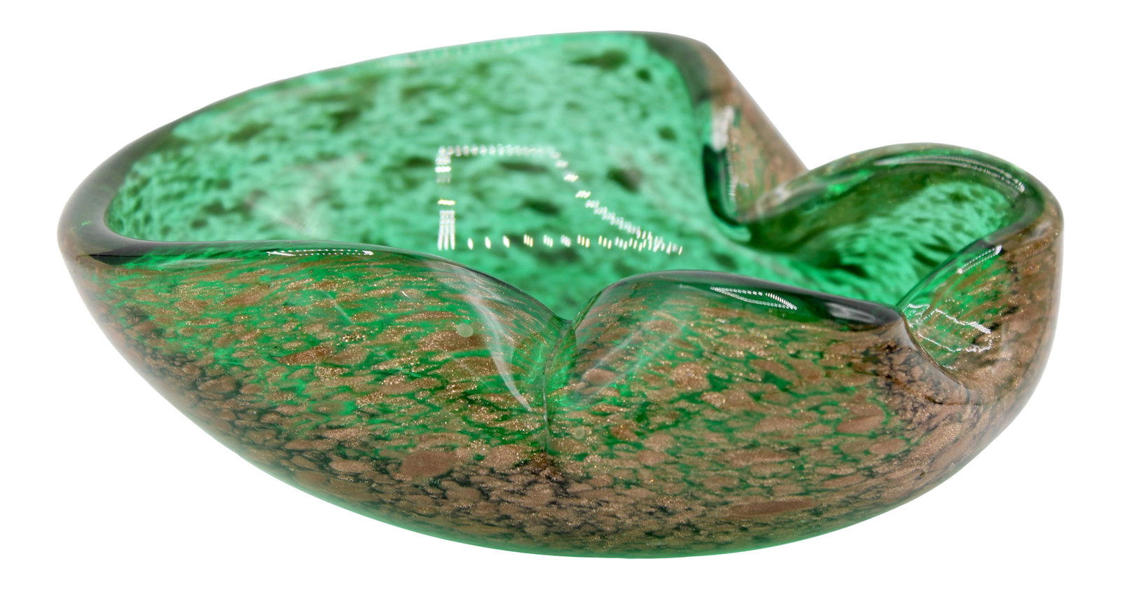 Art Deco Italian Murano Green and Gold Glass Dish: A superb Vintage Italian Green and Gold Glass Dish. The perfect gift or office decoration. Thick glass, with a beautiful, natural form. Excellent Condition Condition: Alterations: Original Condition