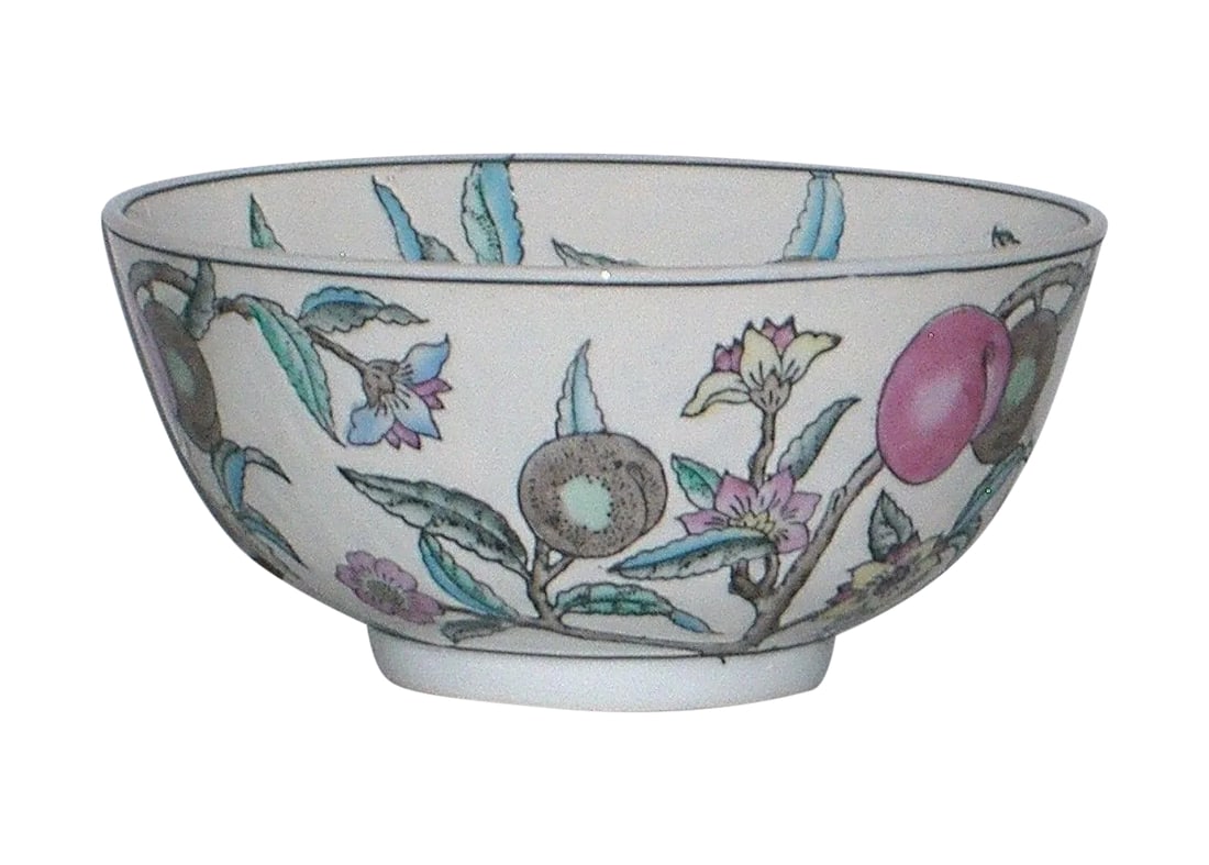 Chinese 8" Fruit Bowl ~ Marked Mid 20th Century ~ Hand Painted: Mid-Century large bowl imported from China. Beautiful porcelain, expertly hand-painted with the classic "Nine Peaches" pattern in enamel colors on a pale eggshell colored ground. Base is marked Made