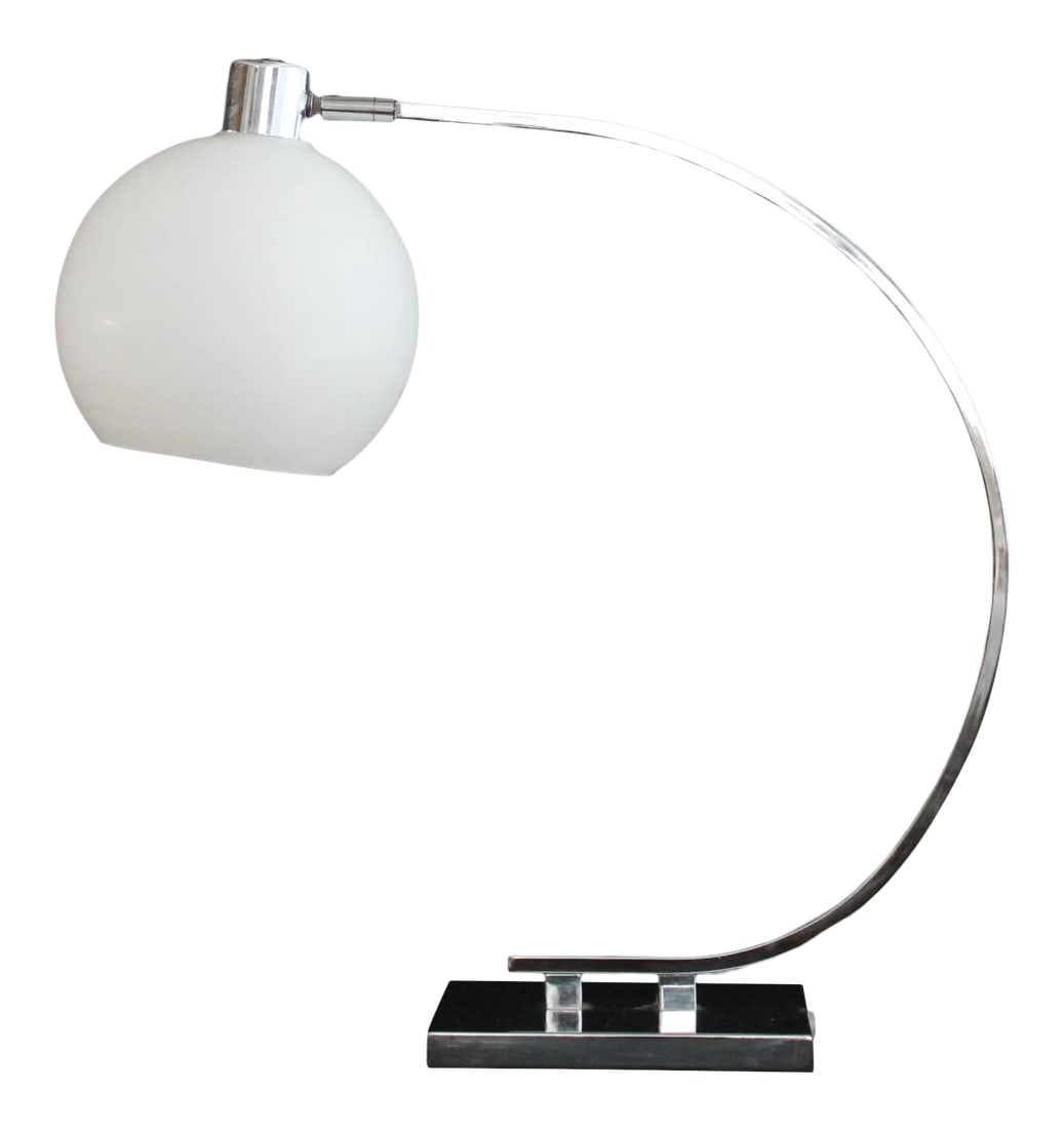 1960s Franco Albini Style Arco Lamo: Franco Albini style table lamp.. Ultra modern and sleek.Sculptural. The curved arco supports the glass sphere.The dimensions are 12 inches tall. 18 inch reach. 5 inches wide. globe 7 inches in